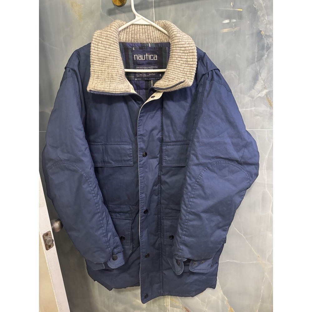 Vintage Nautica Men's Navy Down Puffer Parka Plaid Lined Knit Collar M